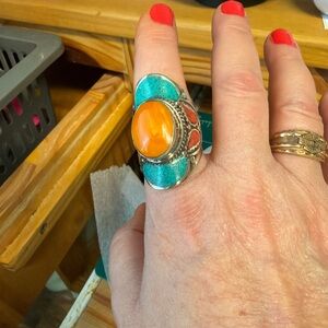 Turquoise and Orange Statement Ring